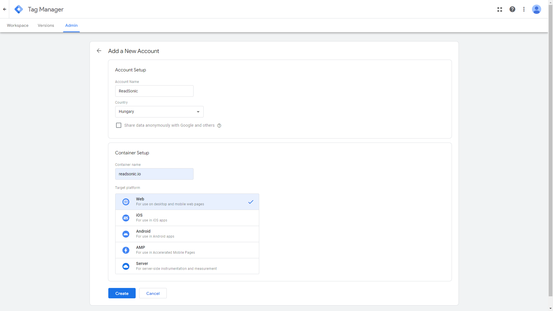 Creating an Account and a Container in Google Tag Manager