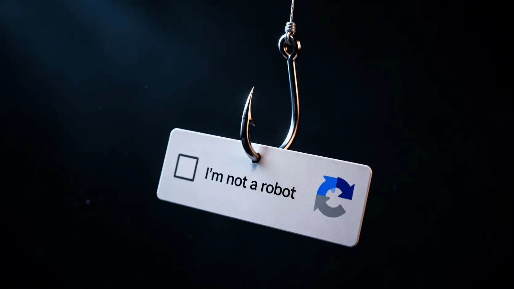 A fishing hook baited with an "I'm not a robot" captcha checkbox