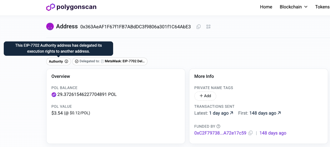 Delegated account badge on PolygonScan
