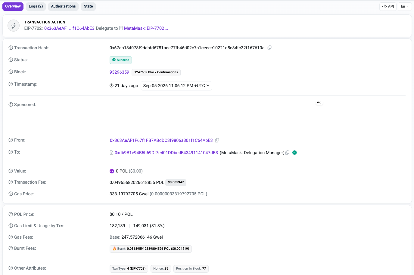 Delegation transaction on PolygonScan